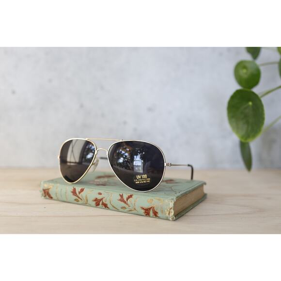 Vintage 1990s Sunglasses NOS Aviator Gold tone Dark lens Classic Cowboy Western - Picture 1 of 8